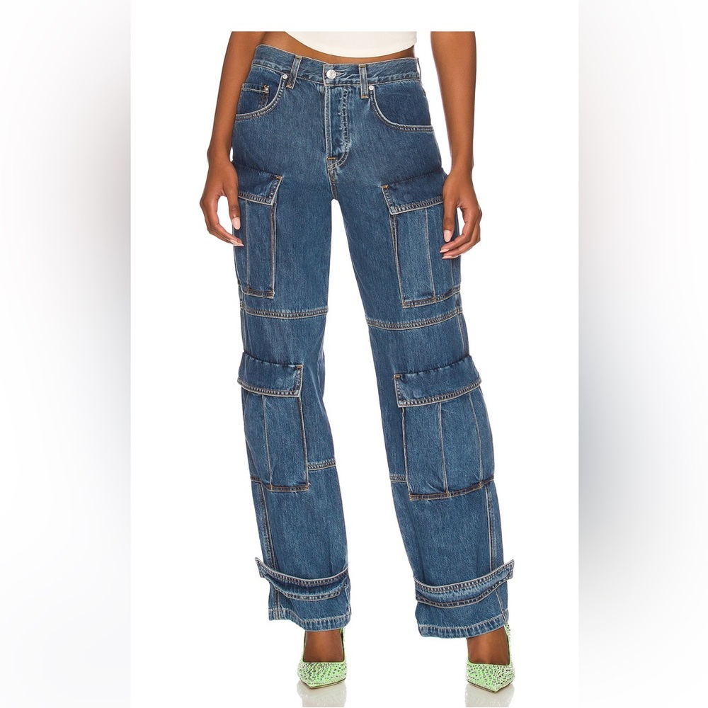 Grlfrnd Lex Cargo Jeans Size 24 Rio Grande dark blue wide leg cinch feature